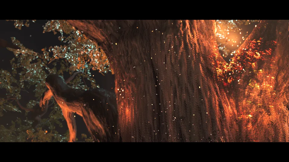 Burning tree in the Ghost of Yōtei opening scene on an earlier integration stack